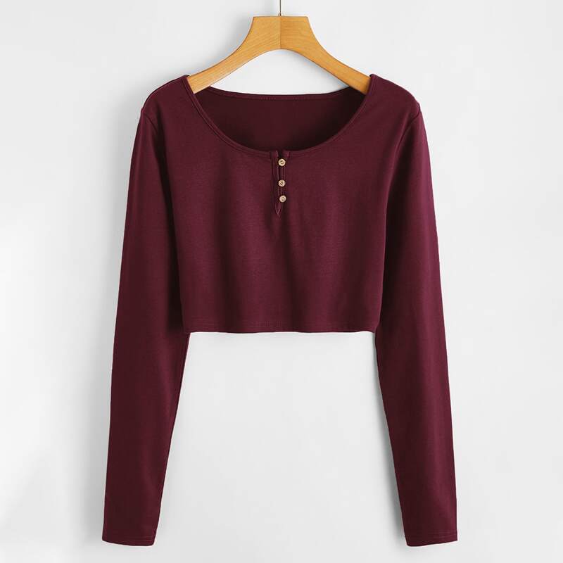 

Solid Henley Crop Tee, Maroon