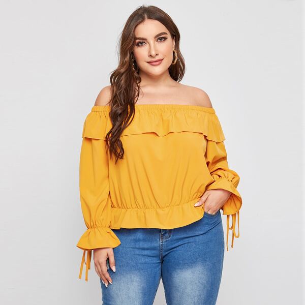 

Plus Off Shoulder Ruffle Trim Blouse, Yellow