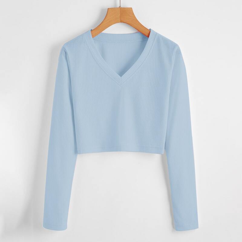 

Solid Ribbed Crop Tee, Baby blue