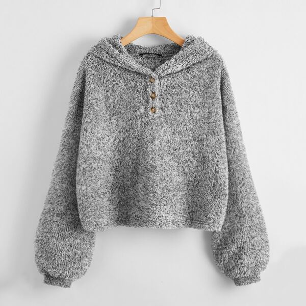 

Lantern Sleeve Buttoned Half Placket Teddy Hoodie, Grey