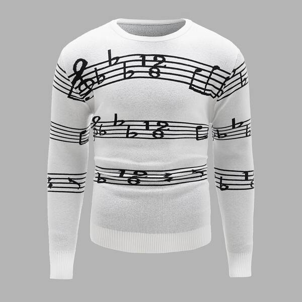 

Men Music Note Pattern Round Neck Sweater, White