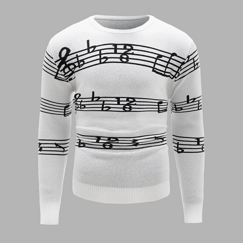 

Guys Music Note Pattern Round Neck Sweater, White