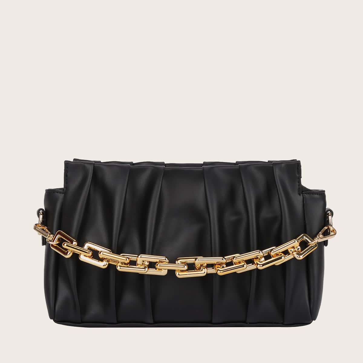 

Chain Handle Ruched Bag, Black