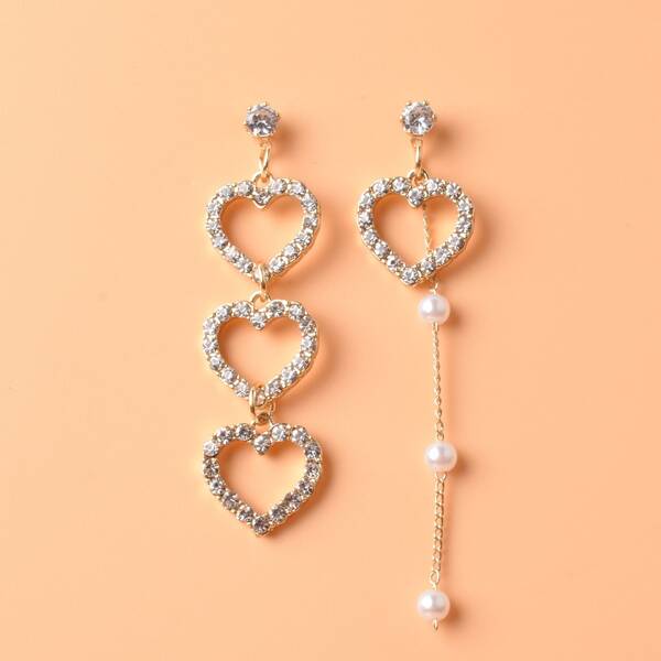 

Rhinestone Heart Chain Drop Earrings, Gold