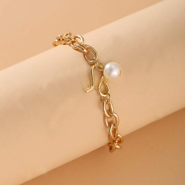 

1pc Faux Pearl Charm Chain Bracelet, Gold