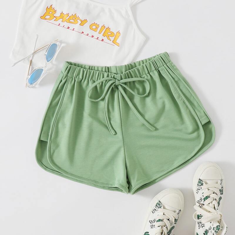 

Solid Tie Front Dolphin Shorts, Mint green