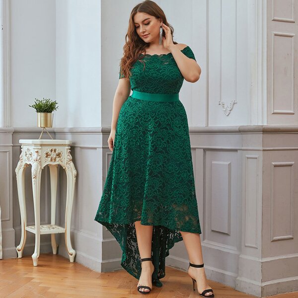 

Plus Off Shoulder Dip Hem Lace Prom Dress, Dark green