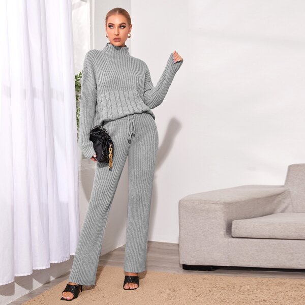 

High Neck Drop Shoulder Sweater & Tie Waist Knit Pants Set, Grey