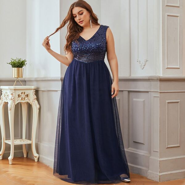 

Plus Double V Neck Sequin Bodice Prom Dress, Navy blue