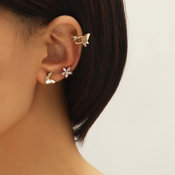 

3pcs Rhinestone Detail Minimalist Earrings, Gold