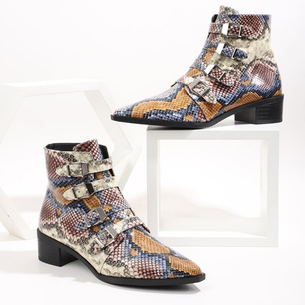 

Buckle Decor Snakeskin Print Chunky Boots, Multicolor
