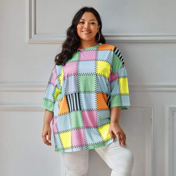 

Plus Drop Shoulder Patchwork Longline Tee, Multicolor