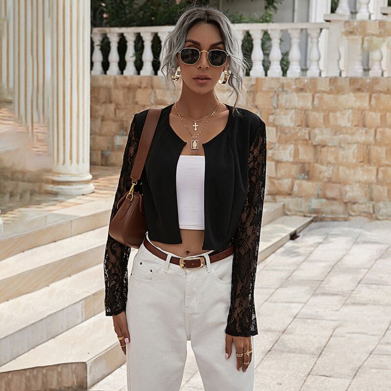 

Contrast Lace Sleeve Open Front Jacket, Black