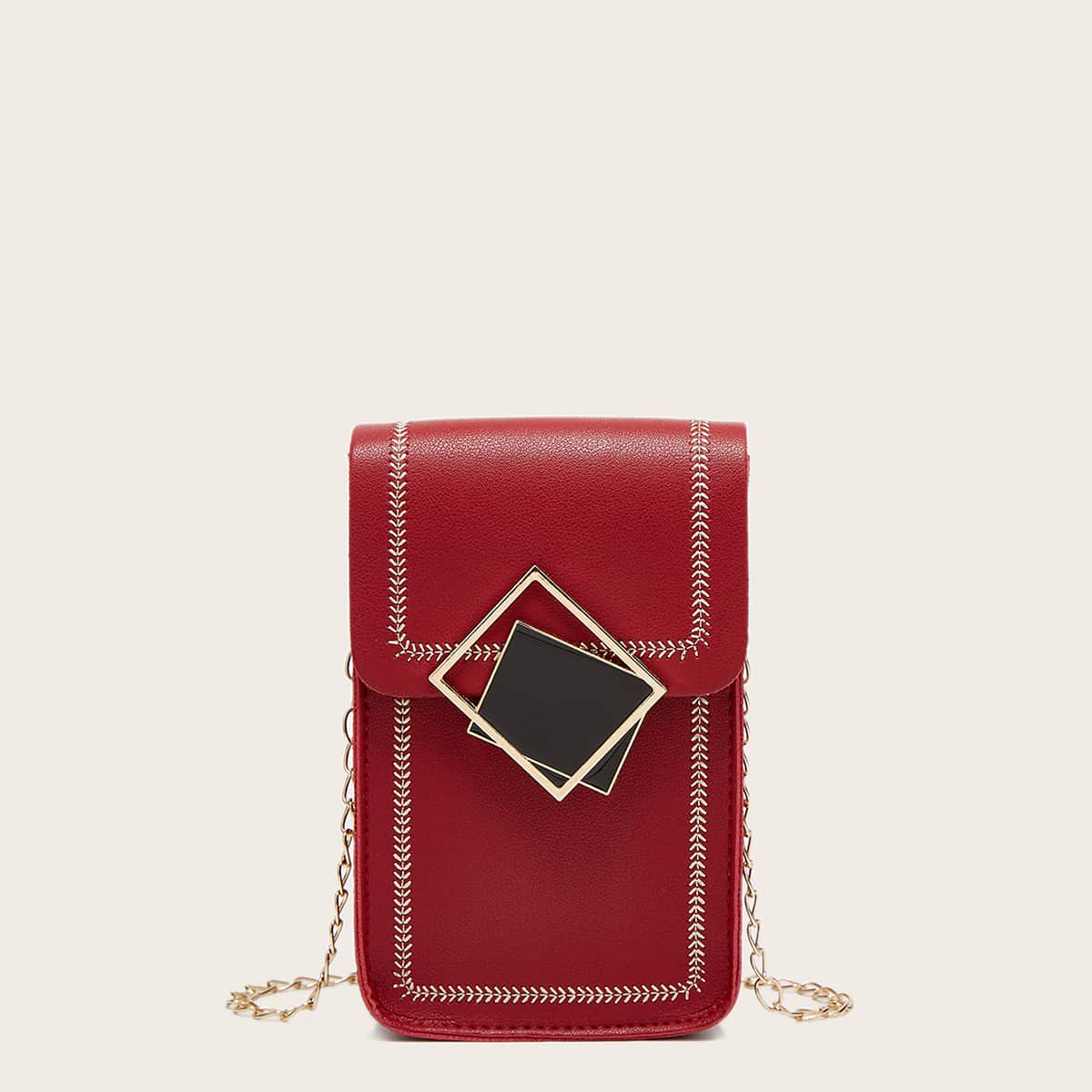 

Stitch Trim Flap Chain Phone Bag, Red