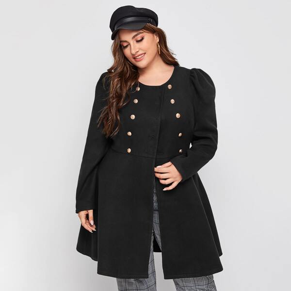 

Plus Puff Sleeve Double Gold Breasted Flare Hem Coat, Black