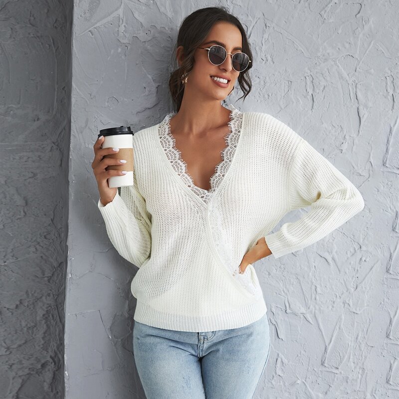 

Drop Shoulder Eyelash Lace Trim Sweater, Beige