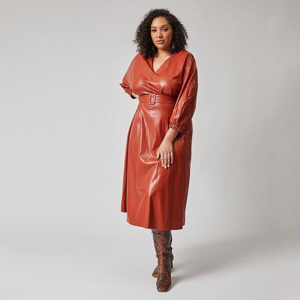 

Plus V-neck Puff Sleeve Buckle Belted PU Dress, Burgundy