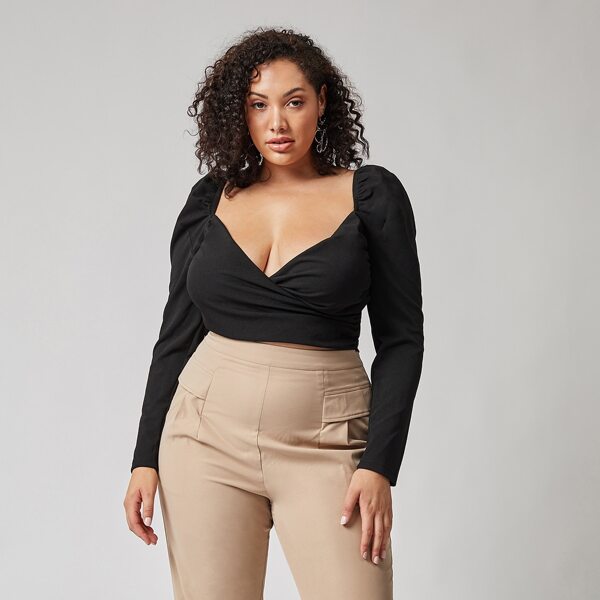 

Plus Cross Wrap Exposed Zipper Back Top, Black