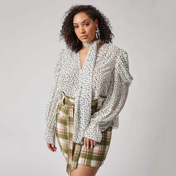 

Plus Allover Print Choker Neck Draped Detail Top, White