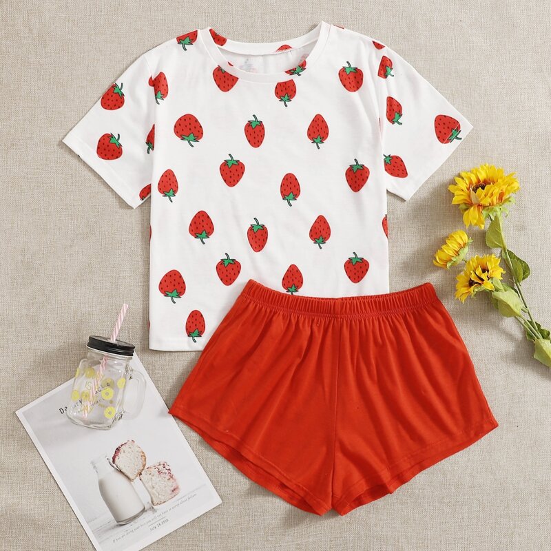 

Strawberry Print PJ Set, Red and white