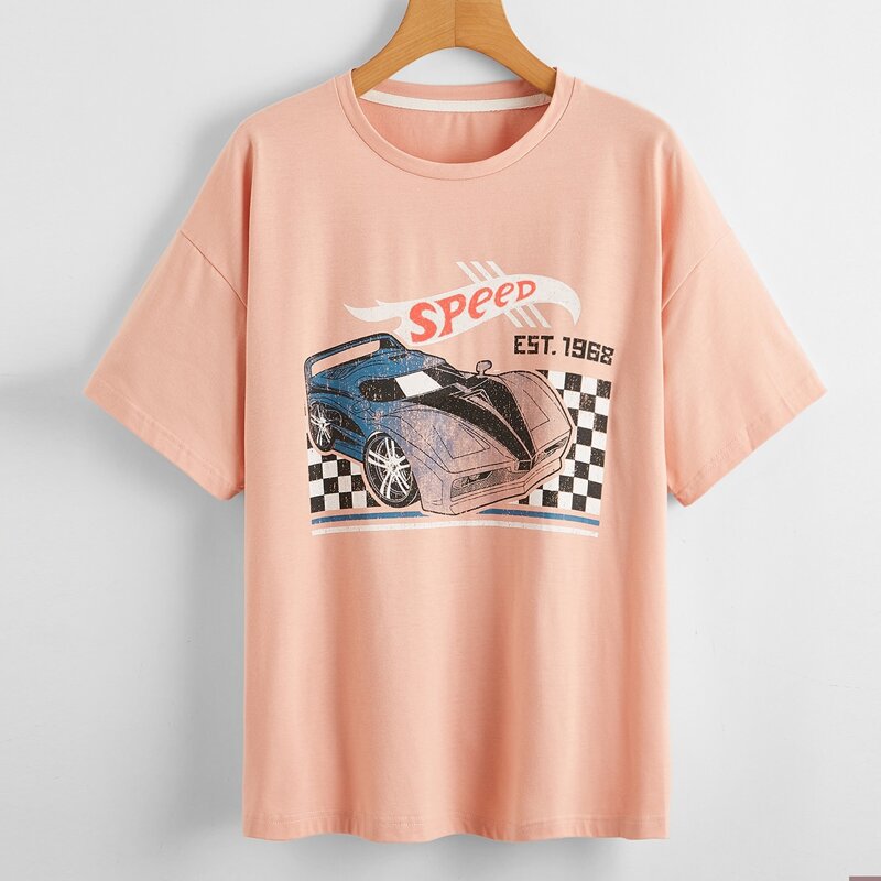 

Letter Car Graphic Oversized Tee, Coral pink