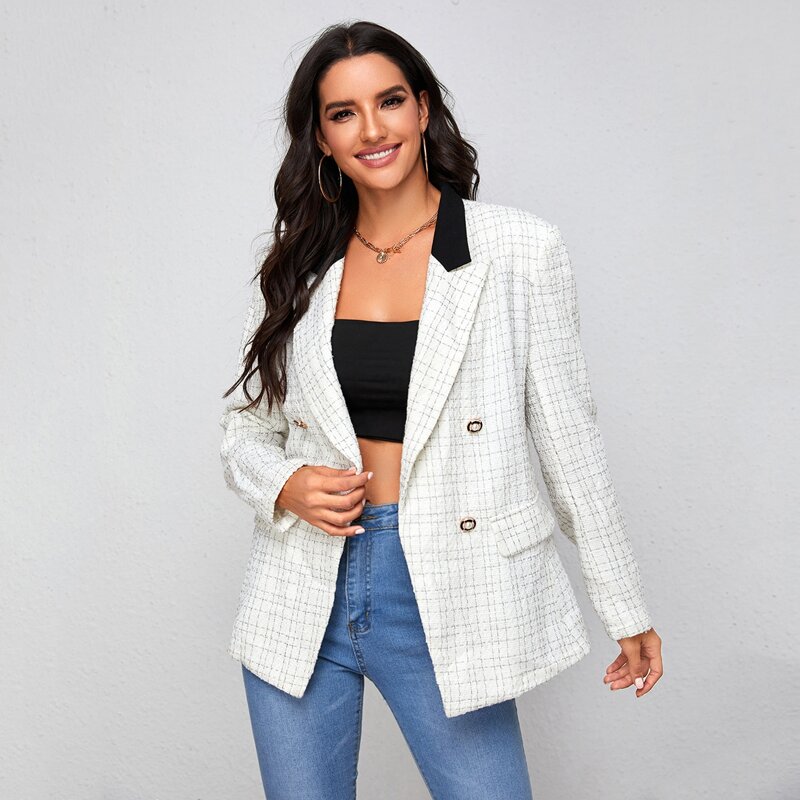 

Peak Collar Double Breasted Plaid Tweed Blazer, White
