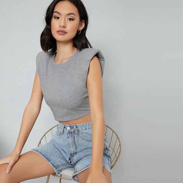 

Heathered Knit Padded Shoulder Cropped Tee, Light grey