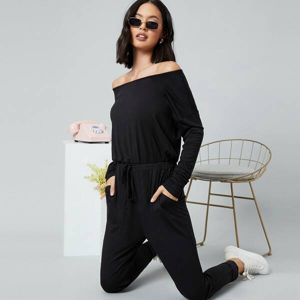 

Long Sleeve Drawstring Waist Jumpsuit, Black