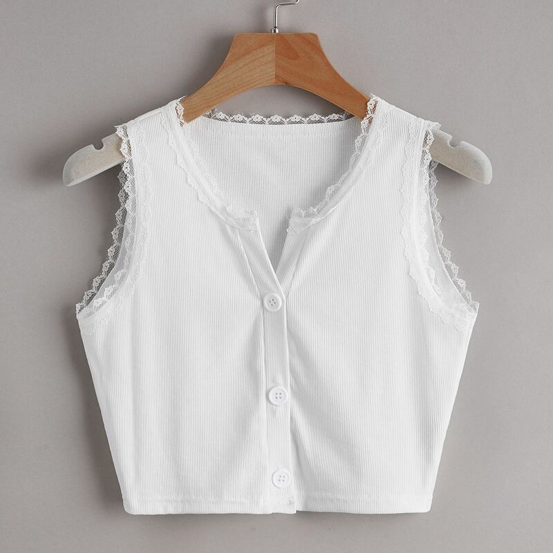 

Contrast Lace Button Front Tank Top, White