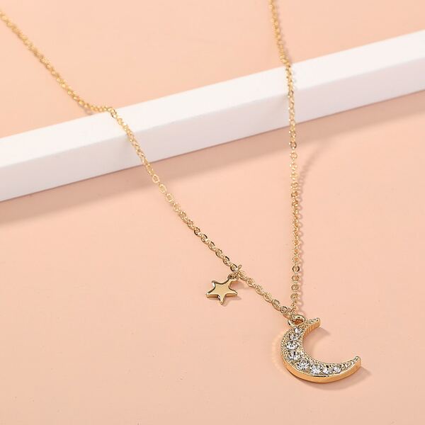 

Rhinestone Moon Charm Necklace, Gold