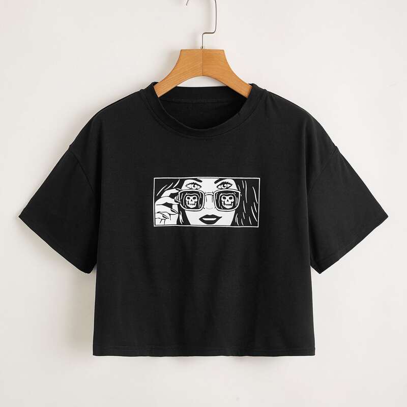 

Figure & Skull Graphic Crop Tee, Black