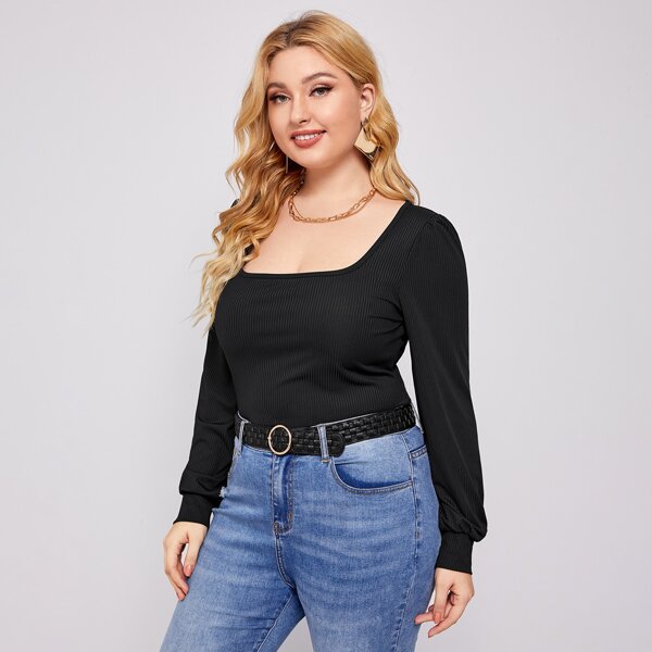 

Plus Square Neck Rib Knit Tee, Black