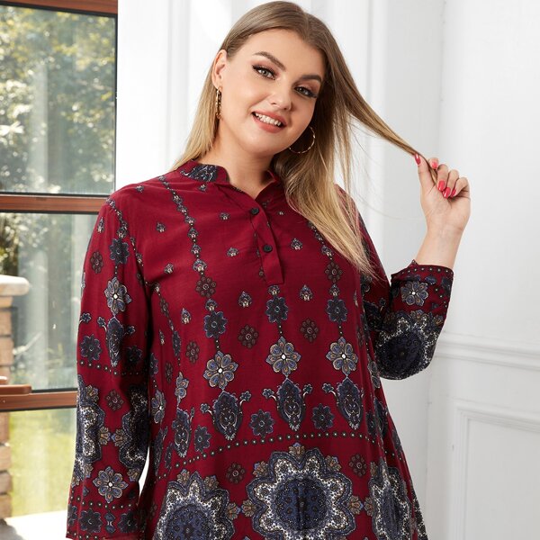 

Plus Notched Mandala Print Longline Blouse, Burgundy