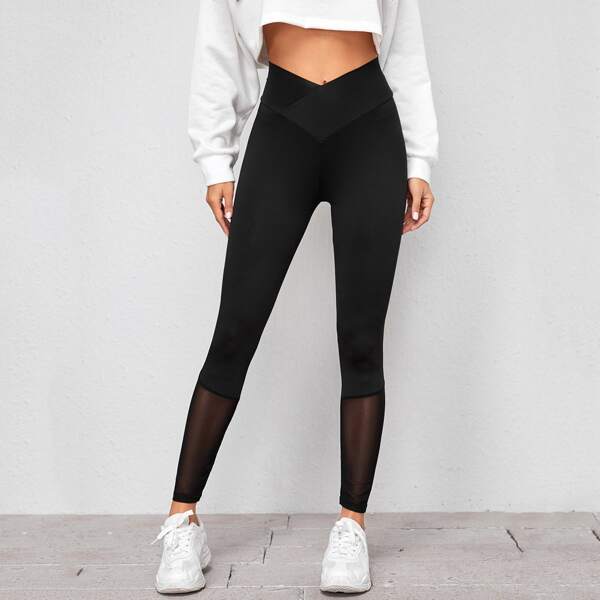

Contrast Mesh Wideband Waist Leggings, Black