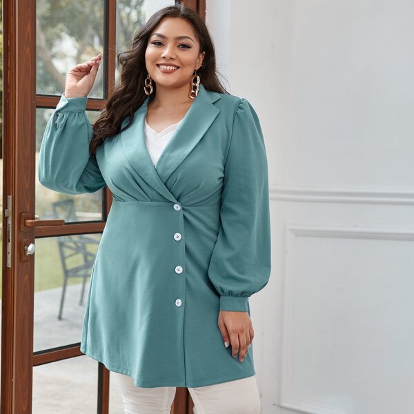

Plus Button Front Lantern Sleeve Blazer, Cadet blue