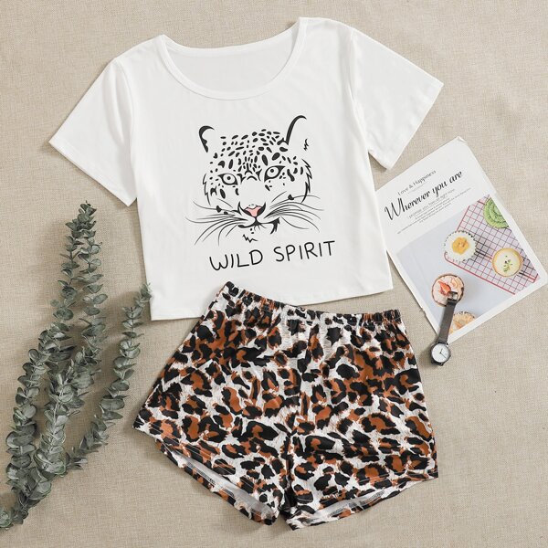 

Leopard And Letter Graphic Pajama Set, Multicolor