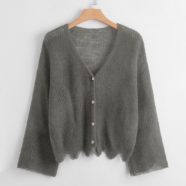

Plus V-neck Wave Edge Drop Shoulder Cardigan, Dark grey