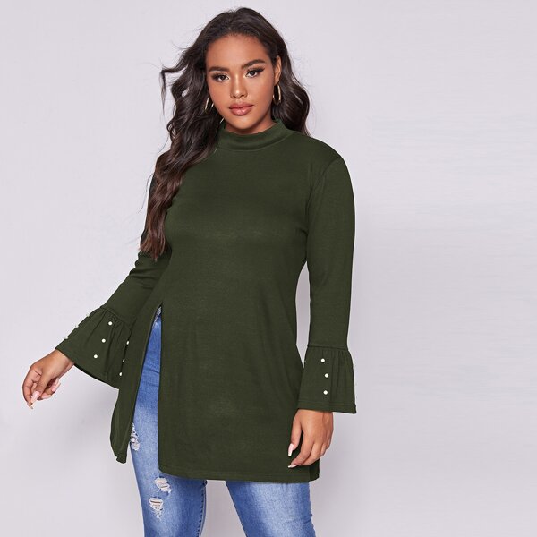 

Plus Pearls Flounce Mock Neck Split Hem Tee, Army green