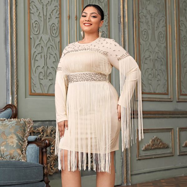 

Plus Beaded Fringe Trim Bodycon Dress, Beige