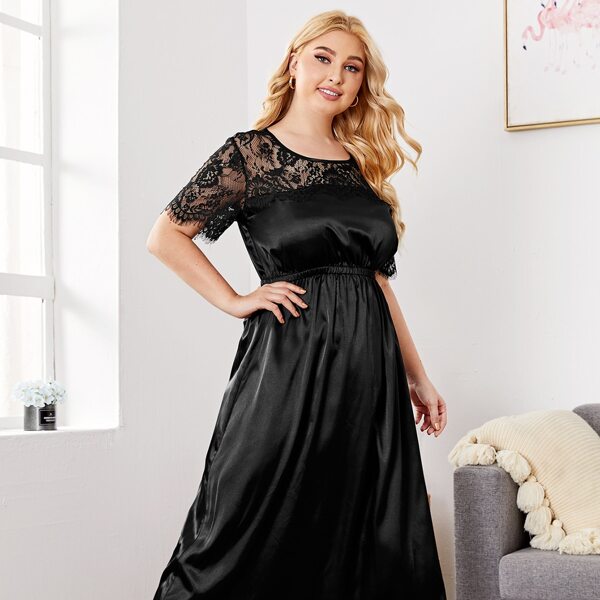 

Plus Contrast Lace Yoke Satin Night Dress, Black