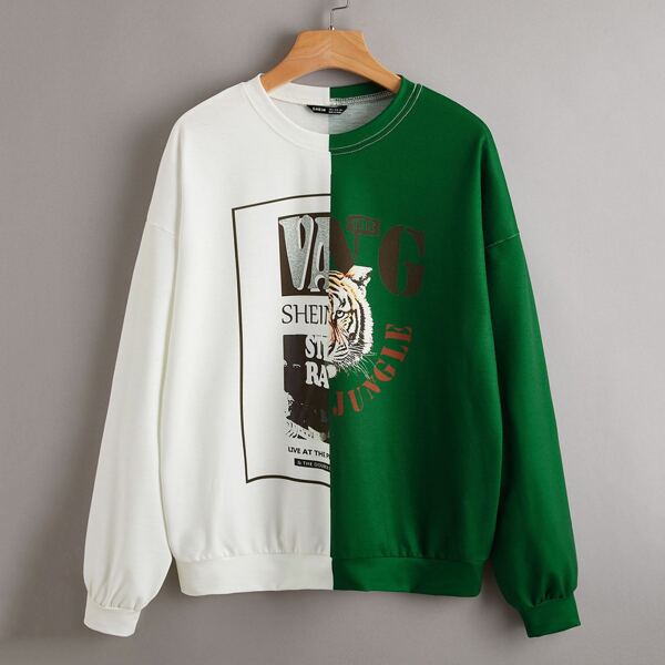 

Drop Shoulder Colorblock Tiger Print Pullover, Multicolor