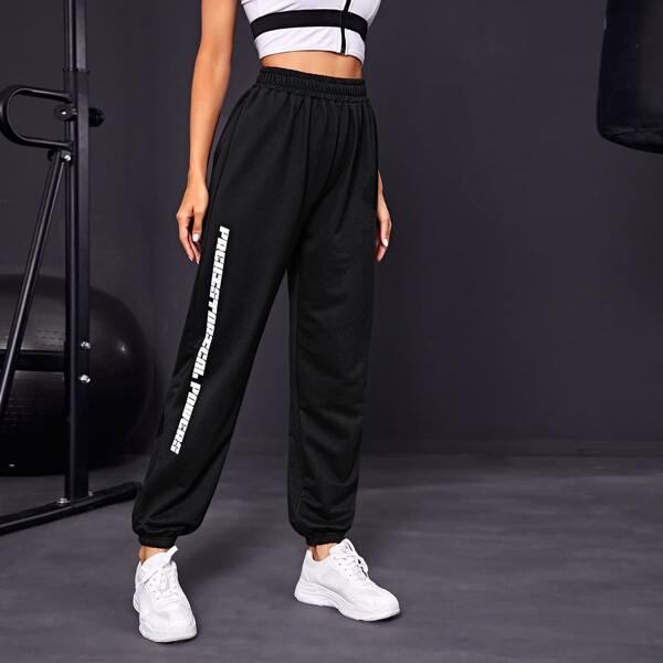 

Letter Graphic High Waist Sports Pants, Black