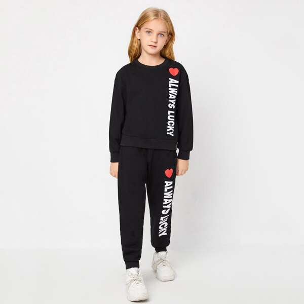 

Girls Heart & Slogan Graphic Pullover And Joggers Set, Black