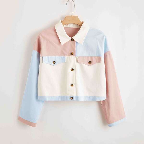 

Plus Color Block Trucker Jacket, Multicolor