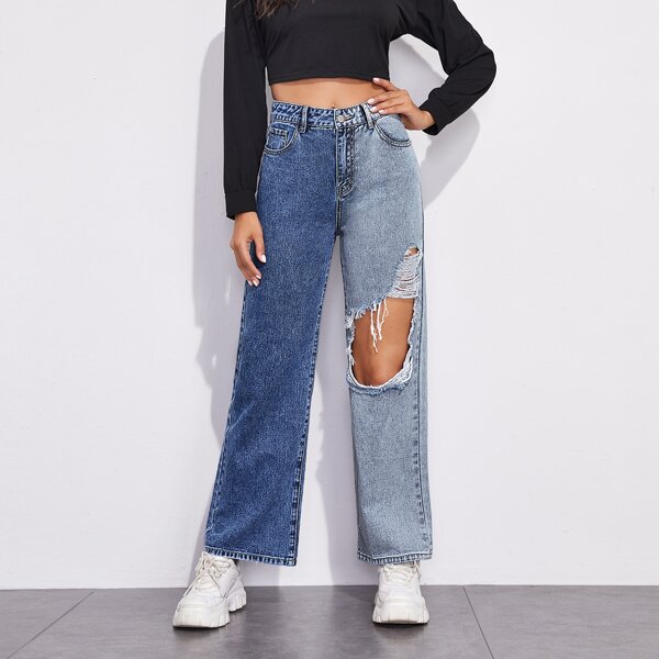

Color Block Ripped Baggy Jeans, Multicolor