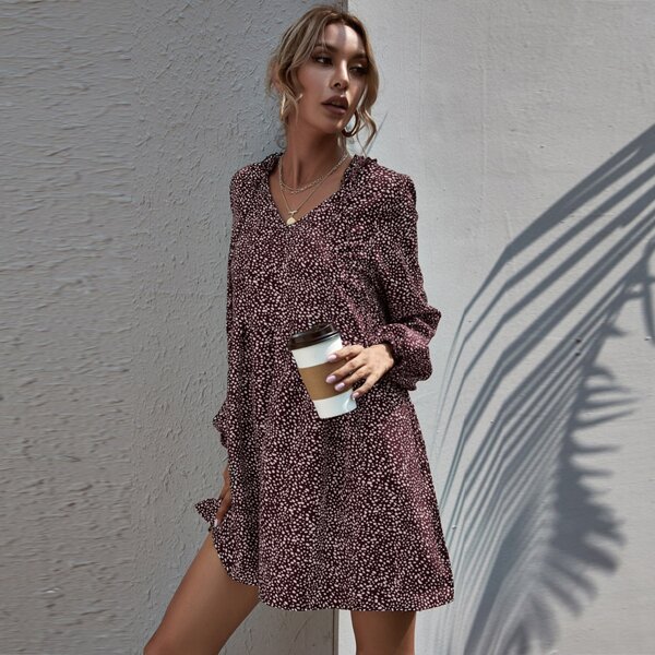 

Dalmatian Print Frill Smock Dress, Maroon