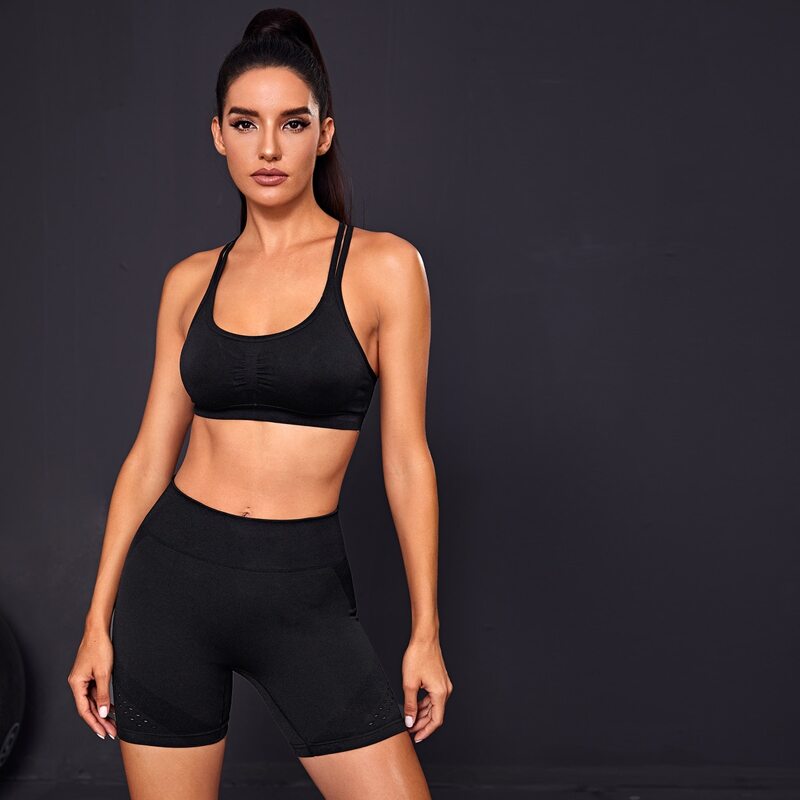 

Criss Cross Back Sports Bra With Shorts, Black