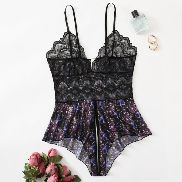 

Plus Butterfly Mesh Floral Lace Crotchless Teddy Bodysuit, Black