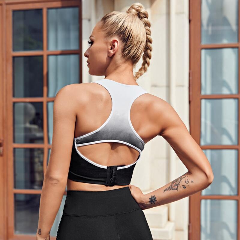 

Ombre Cut Out Racer Back Sports Bra, Black and white