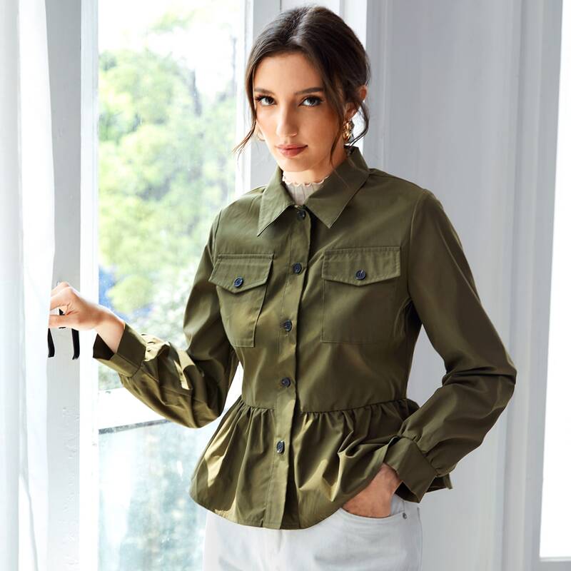 

Button Front Flap Pocket Peplum Jacket, Army green